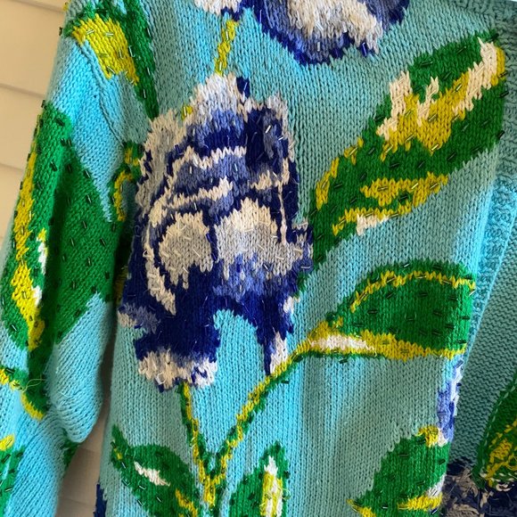 Vintage Adrienne Vittadini 90s Floral Knit Cardigan Sequin Sweater - Picture 4 of 7